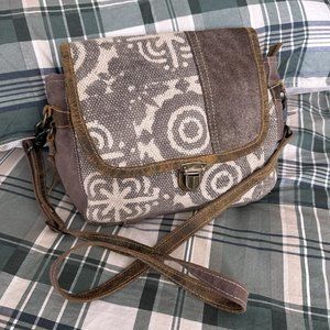 MYRA CANVAS FLORAL FUR COWHIDE BROWN CROSSBODY SHOULDER BAG SOUTHWESTERN